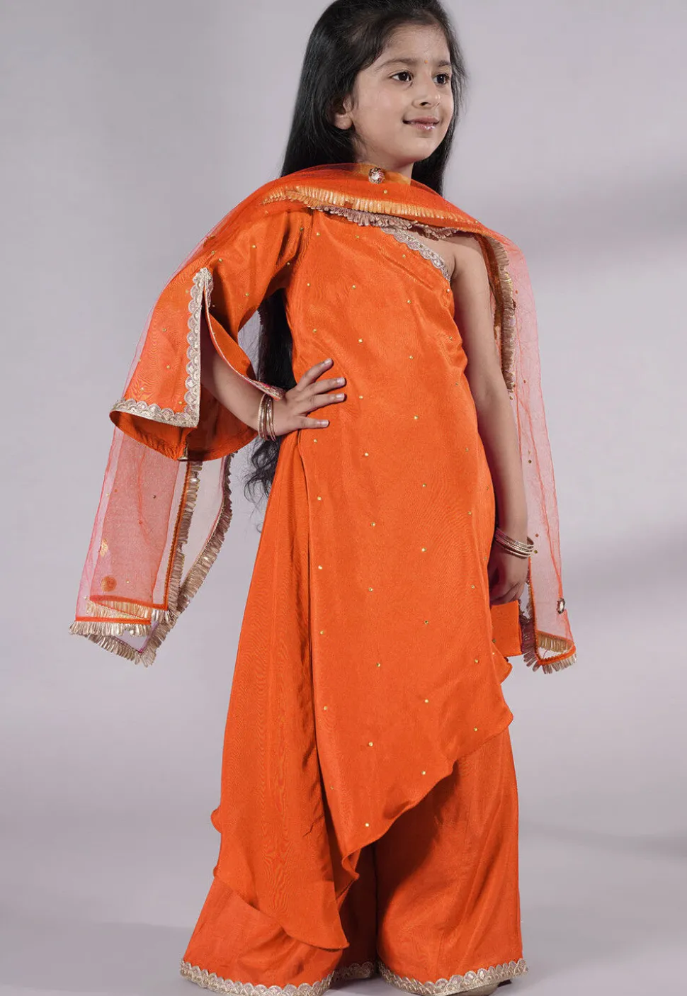 Embellished Shantoon Asymmetric Pakistani Suit in Orange