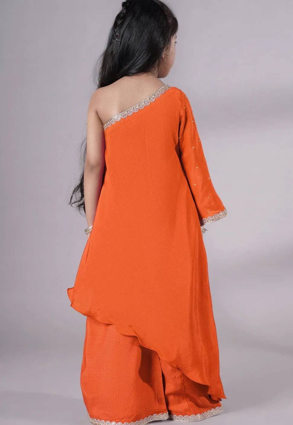 Embellished Shantoon Asymmetric Pakistani Suit in Orange