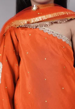 Embellished Shantoon Asymmetric Pakistani Suit in Orange