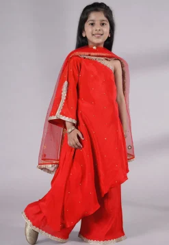 Embellished Shantoon Asymmetric Pakistani Suit in Red