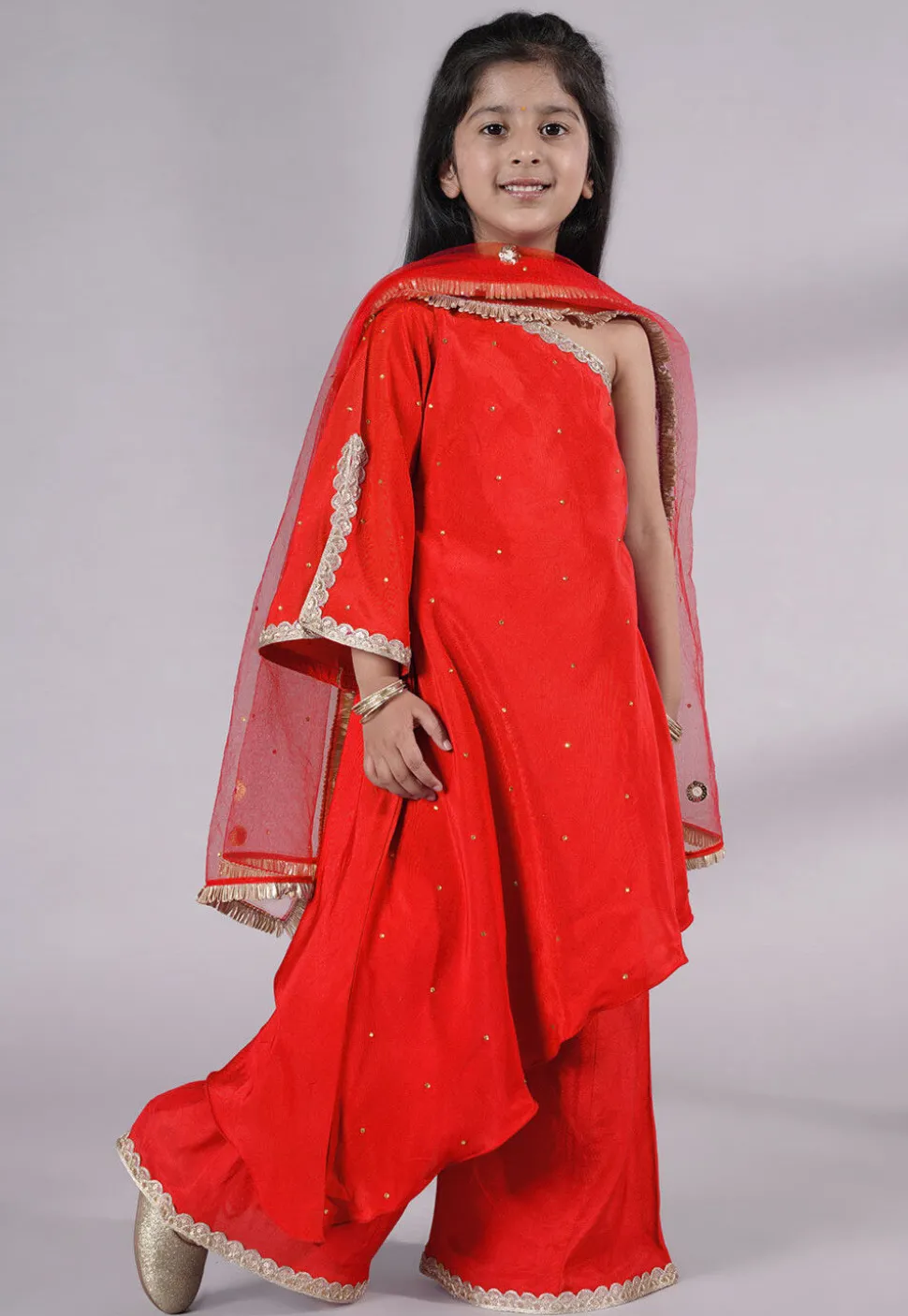 Embellished Shantoon Asymmetric Pakistani Suit in Red