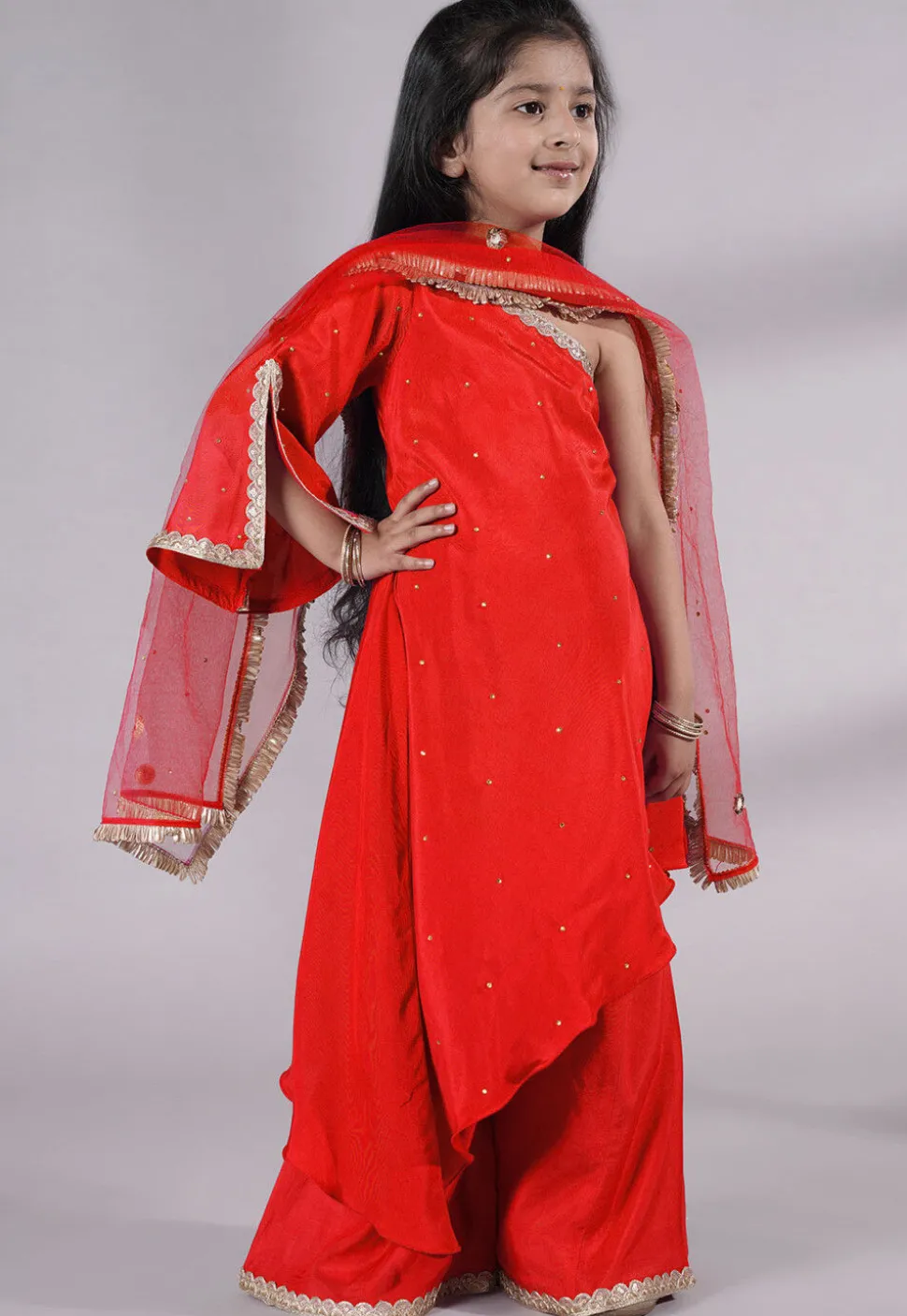 Embellished Shantoon Asymmetric Pakistani Suit in Red