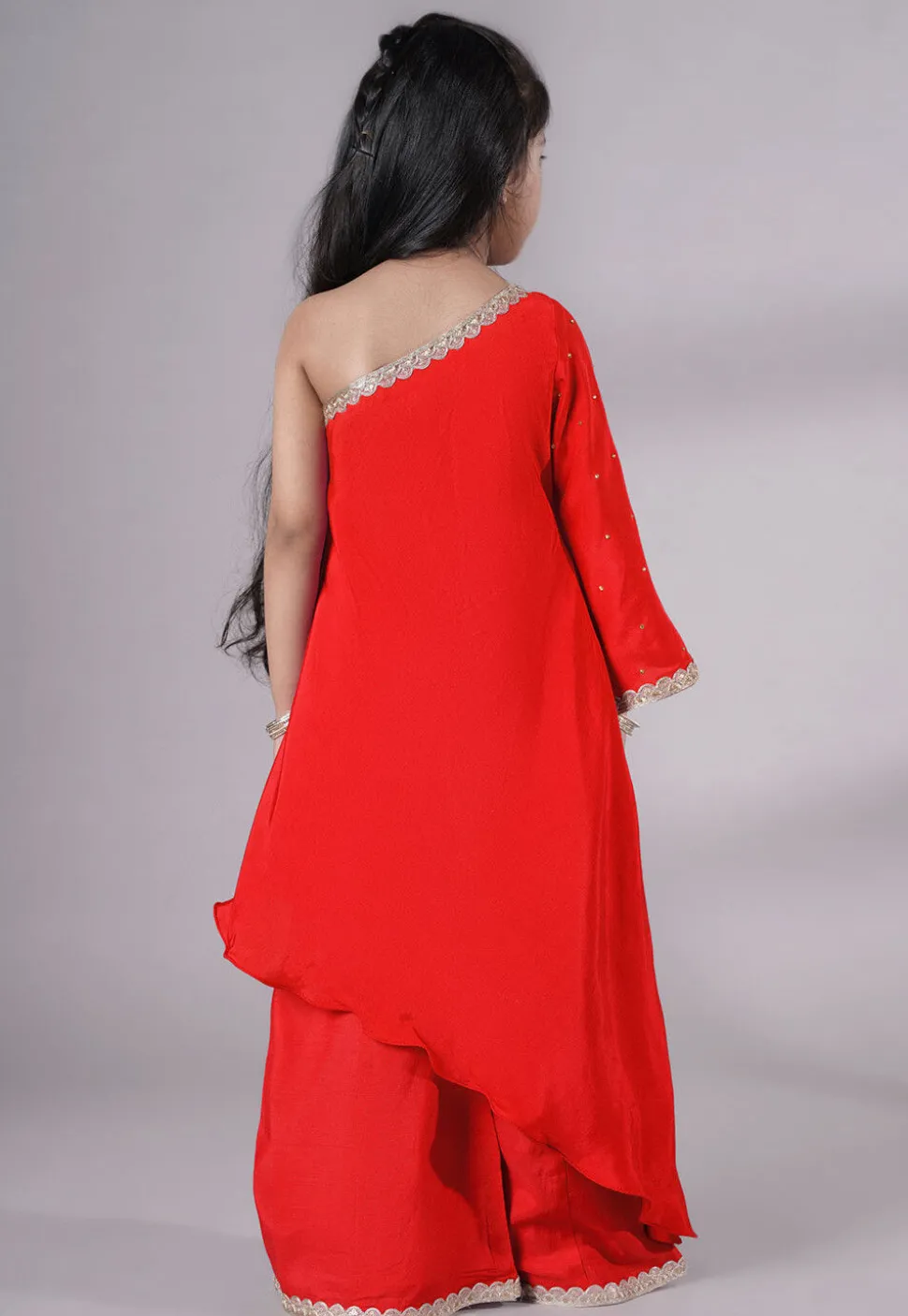 Embellished Shantoon Asymmetric Pakistani Suit in Red