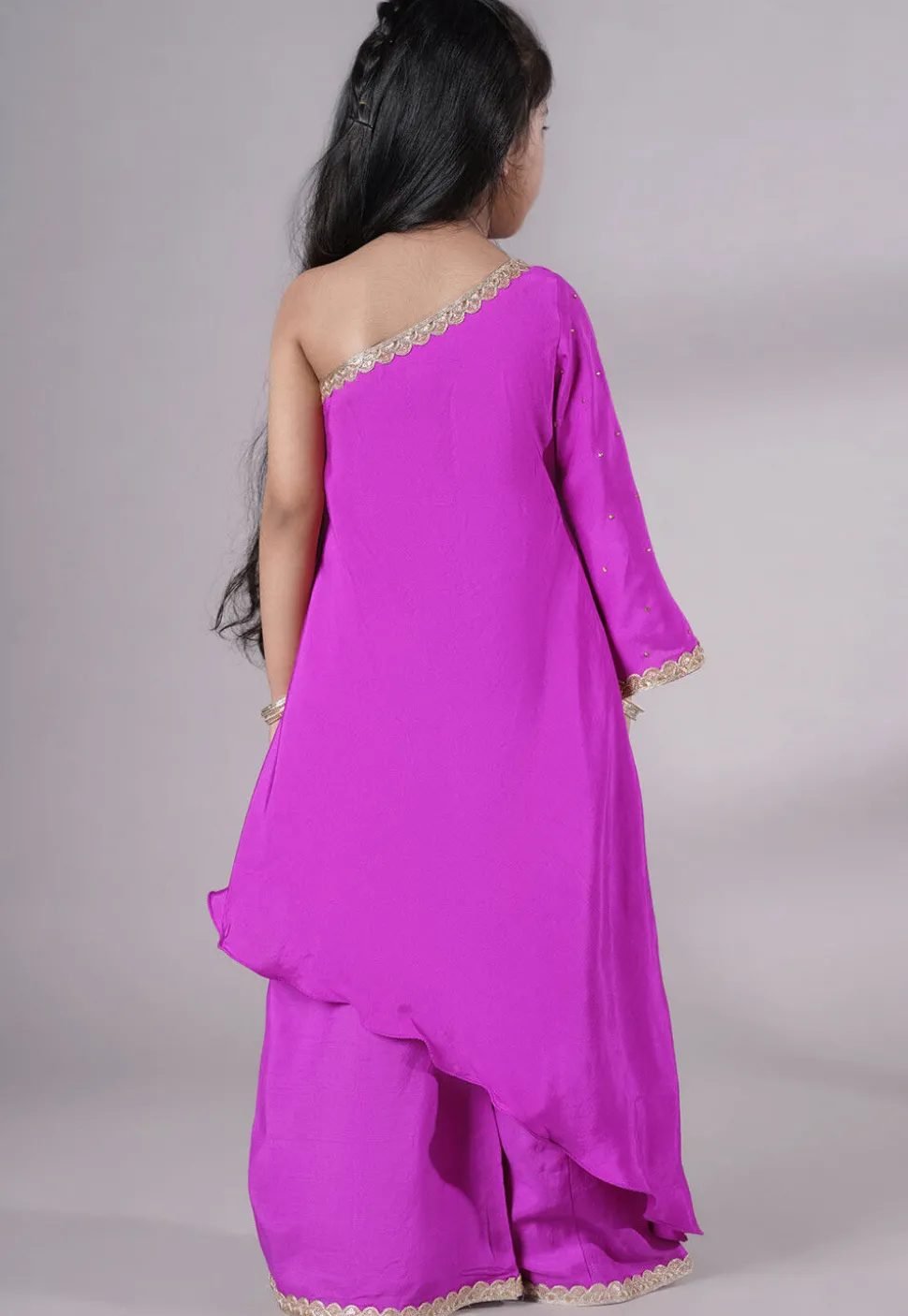 Embellished Shantoon Asymmetric Pakistani Suit in Magenta