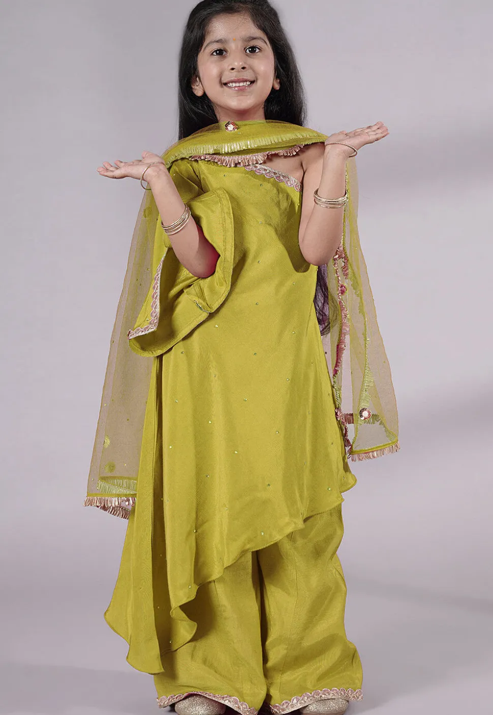 Embellished Shantoon Asymmetric Pakistani Suit in Olive Green