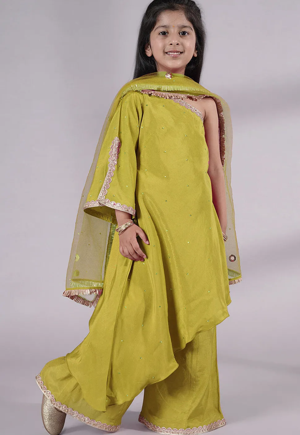 Embellished Shantoon Asymmetric Pakistani Suit in Olive Green