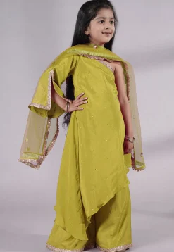 Embellished Shantoon Asymmetric Pakistani Suit in Olive Green