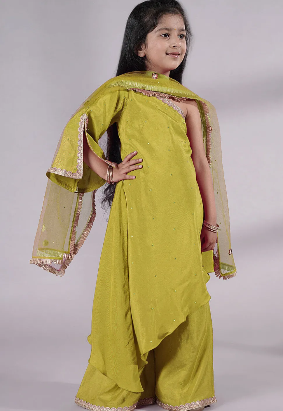 Embellished Shantoon Asymmetric Pakistani Suit in Olive Green