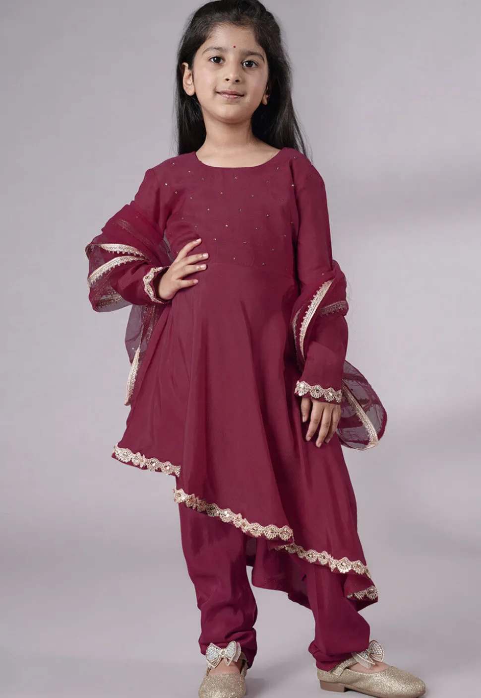 Embellished Shantoon Punjabi Suit in Wine