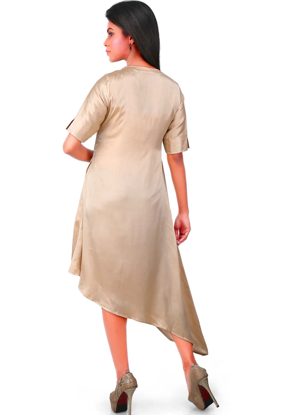 Embellished Side Placket Satin Asymmetric Dress in Beige