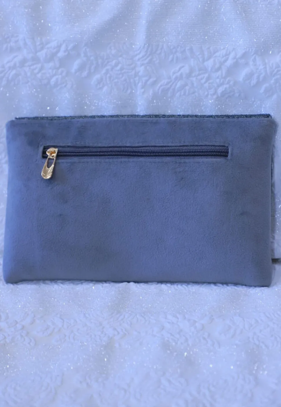 Embellished Suede Clutch Bag in Grey