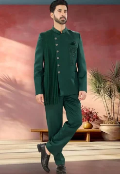 Embellished Terry Rayon Jodhpuri Suit in Green
