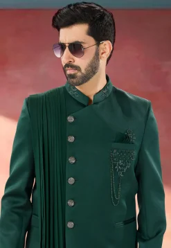 Embellished Terry Rayon Jodhpuri Suit in Green