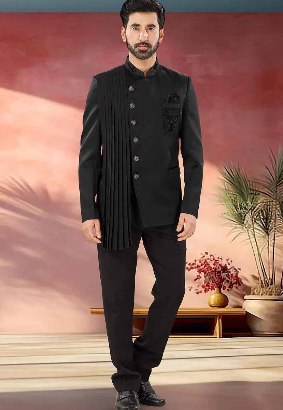 Embellished Terry Rayon Jodhpuri Suit in Black