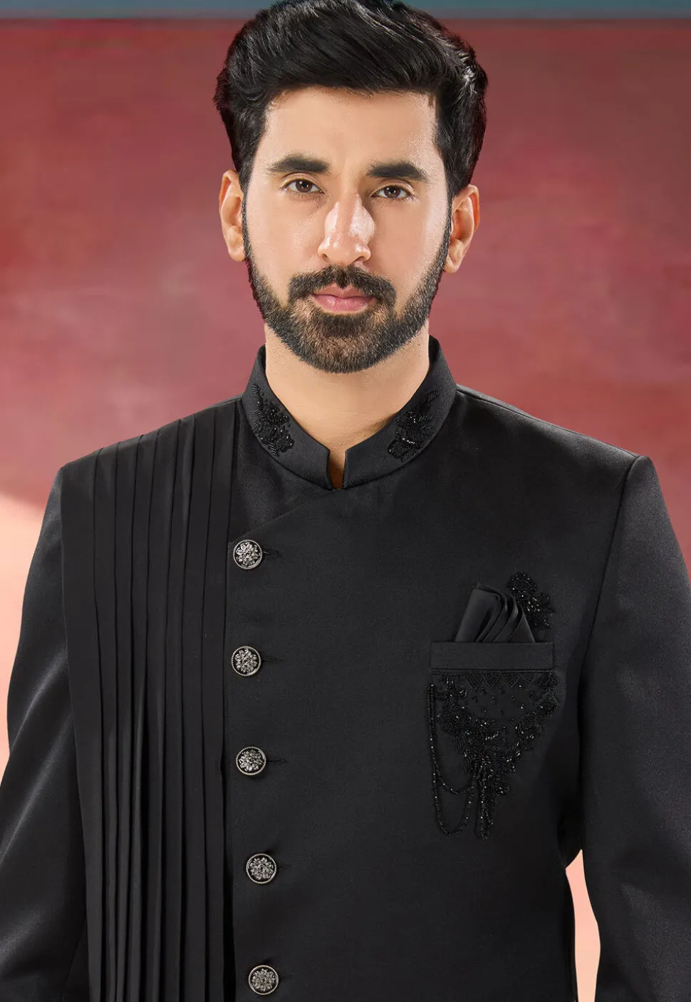 Embellished Terry Rayon Jodhpuri Suit in Black