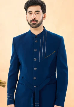 Embellished Terry Rayon Jodhpuri Suit in Teal Blue