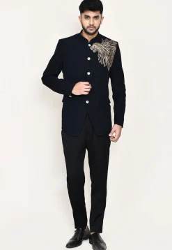 Embellished Terry Rayon Jodhpuri Suit in Navy Blue
