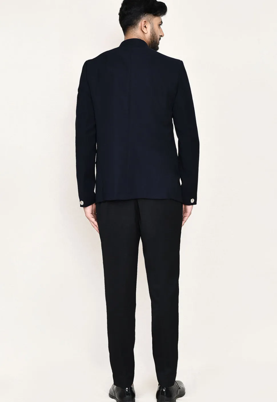 Embellished Terry Rayon Jodhpuri Suit in Navy Blue