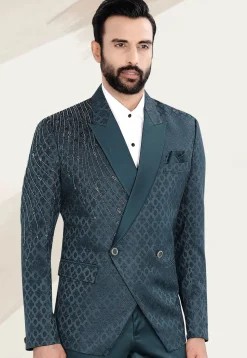 Embellished Terry Rayon Jacquard Blazer in Teal Blue