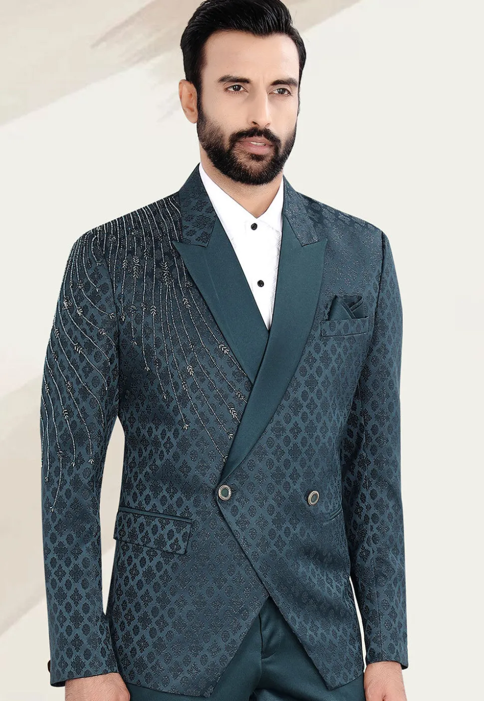 Embellished Terry Rayon Jacquard Blazer in Teal Blue