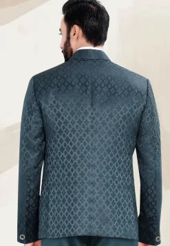 Embellished Terry Rayon Jacquard Blazer in Teal Blue