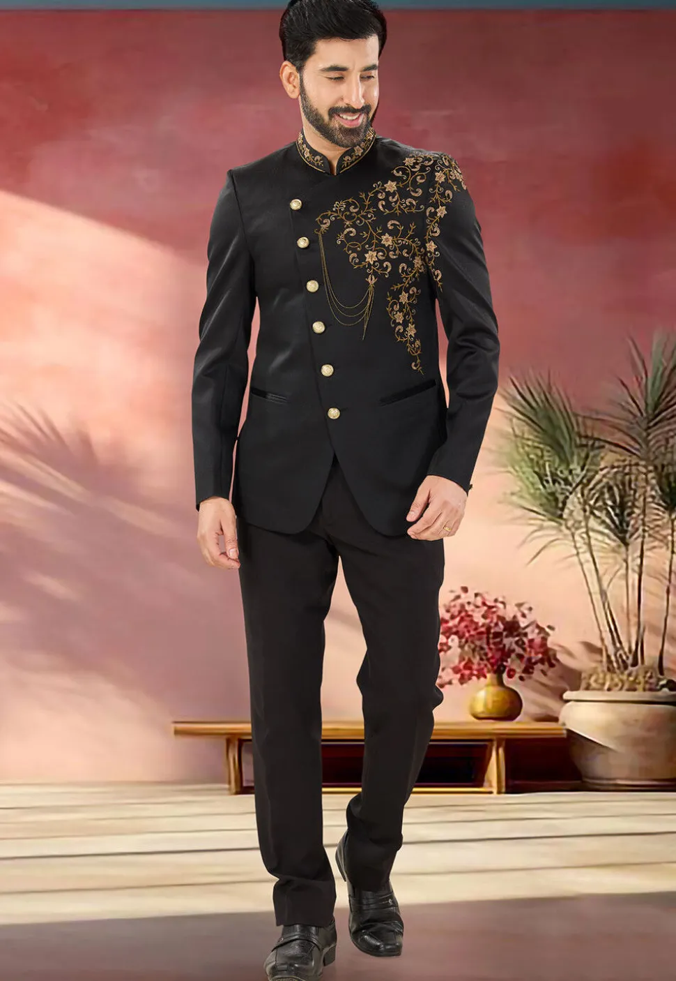 Embellished Terry Rayon Jodhpuri Suit in Black
