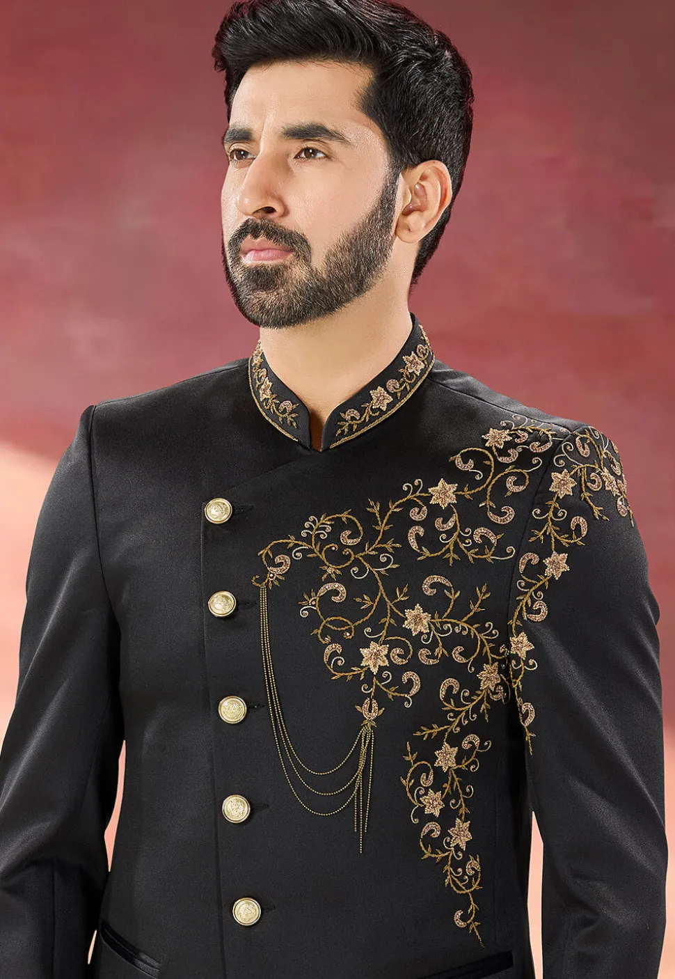 Embellished Terry Rayon Jodhpuri Suit in Black