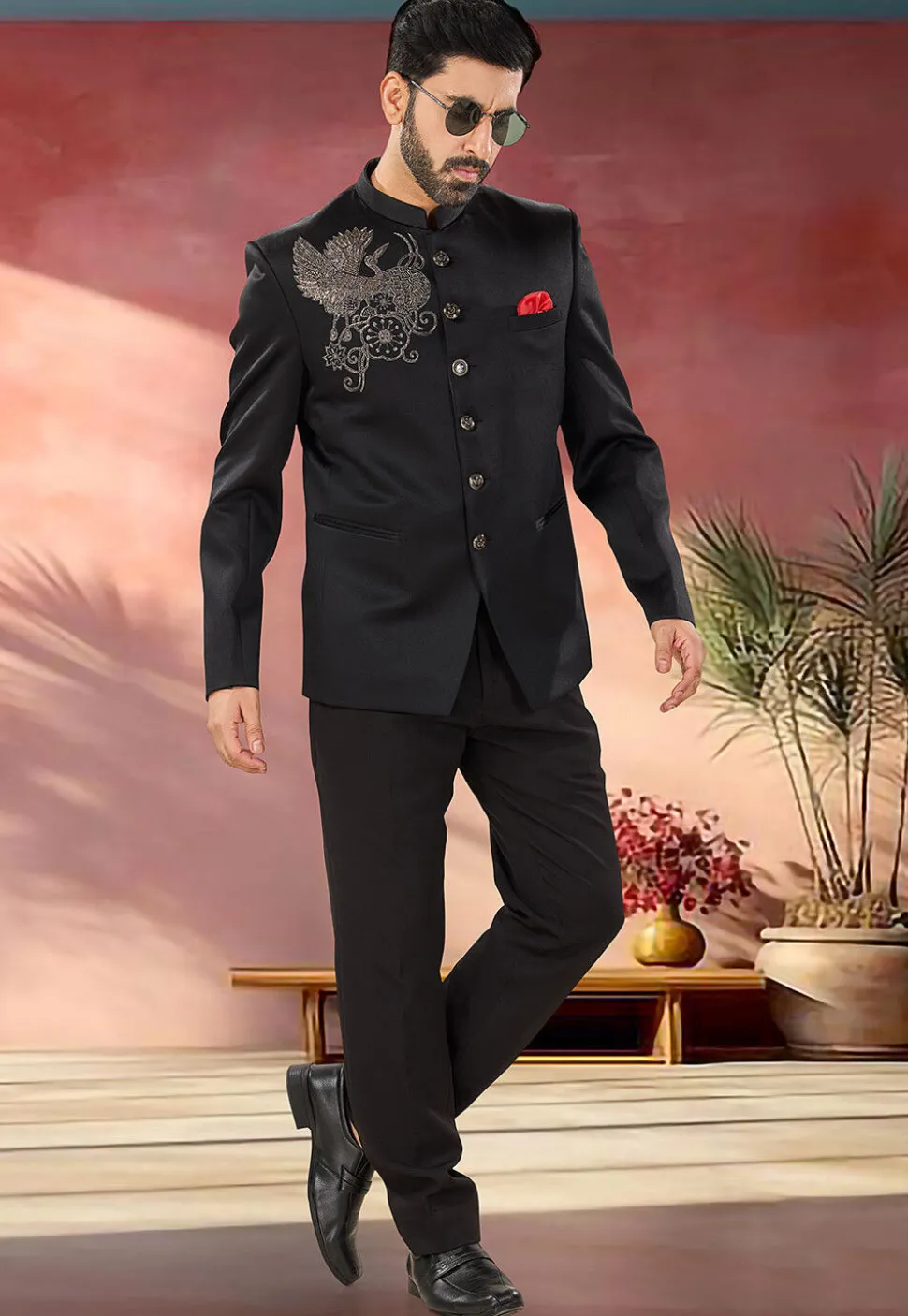 Embellished Terry Rayon Jodhpuri Suit in Black