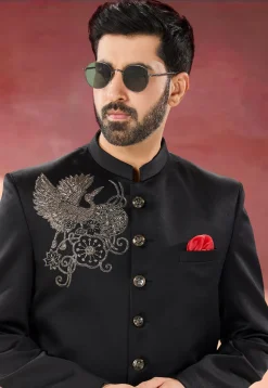 Embellished Terry Rayon Jodhpuri Suit in Black