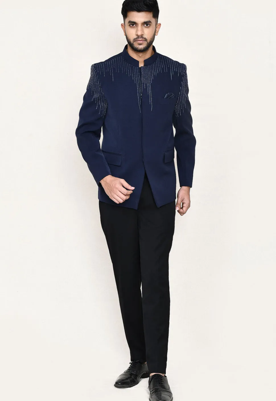 Embellished Terry Rayon Jodhpuri Suit in Navy Blue