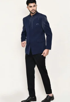 Embellished Terry Rayon Jodhpuri Suit in Navy Blue