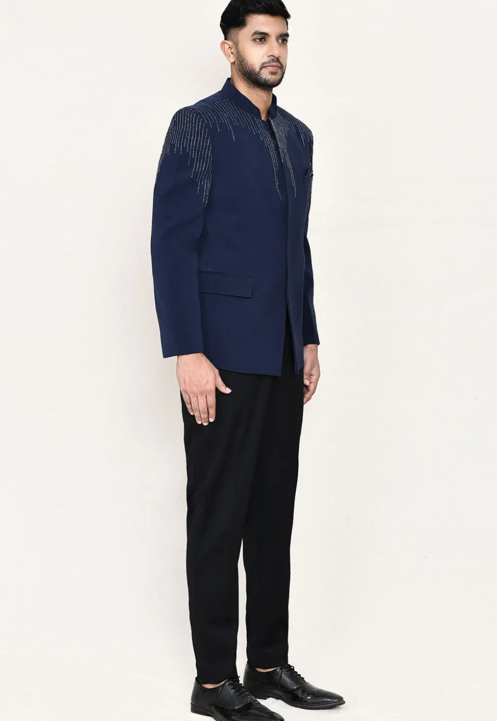 Embellished Terry Rayon Jodhpuri Suit in Navy Blue