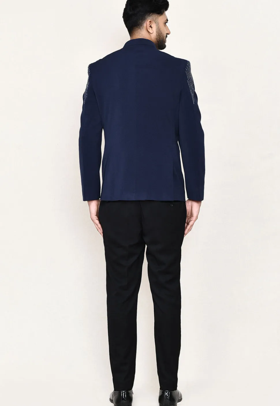 Embellished Terry Rayon Jodhpuri Suit in Navy Blue