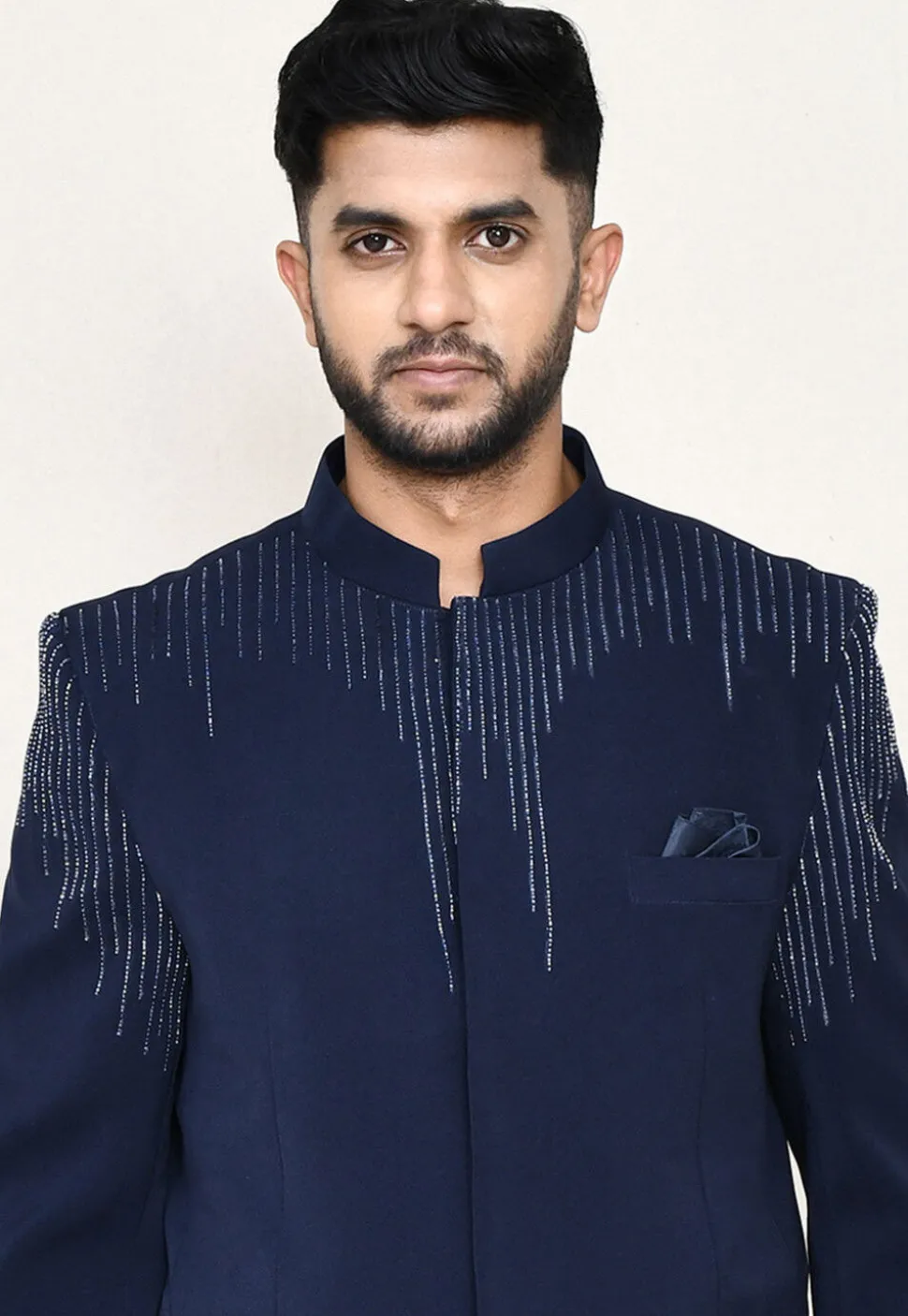 Embellished Terry Rayon Jodhpuri Suit in Navy Blue