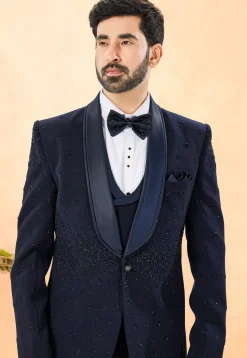 Embellished Terry Rayon Tuxedo in Navy Blue