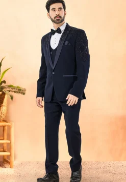 Embellished Terry Rayon Tuxedo in Navy Blue