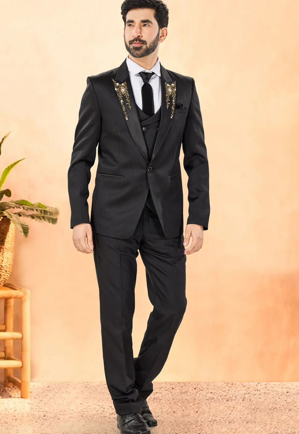 Embellished Terry Rayon Tuxedo in Black