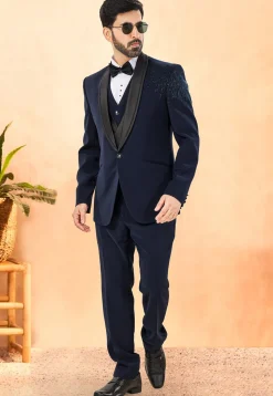 Embellished Terry Rayon Tuxedo in Navy Blue