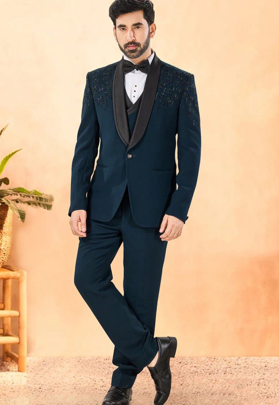 Embellished Terry Rayon Tuxedo in Teal Blue