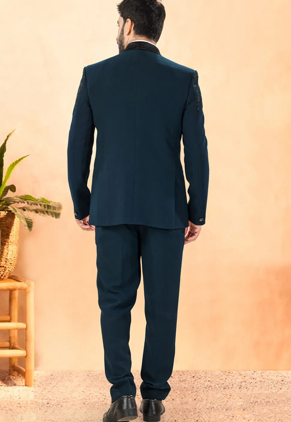 Embellished Terry Rayon Tuxedo in Teal Blue