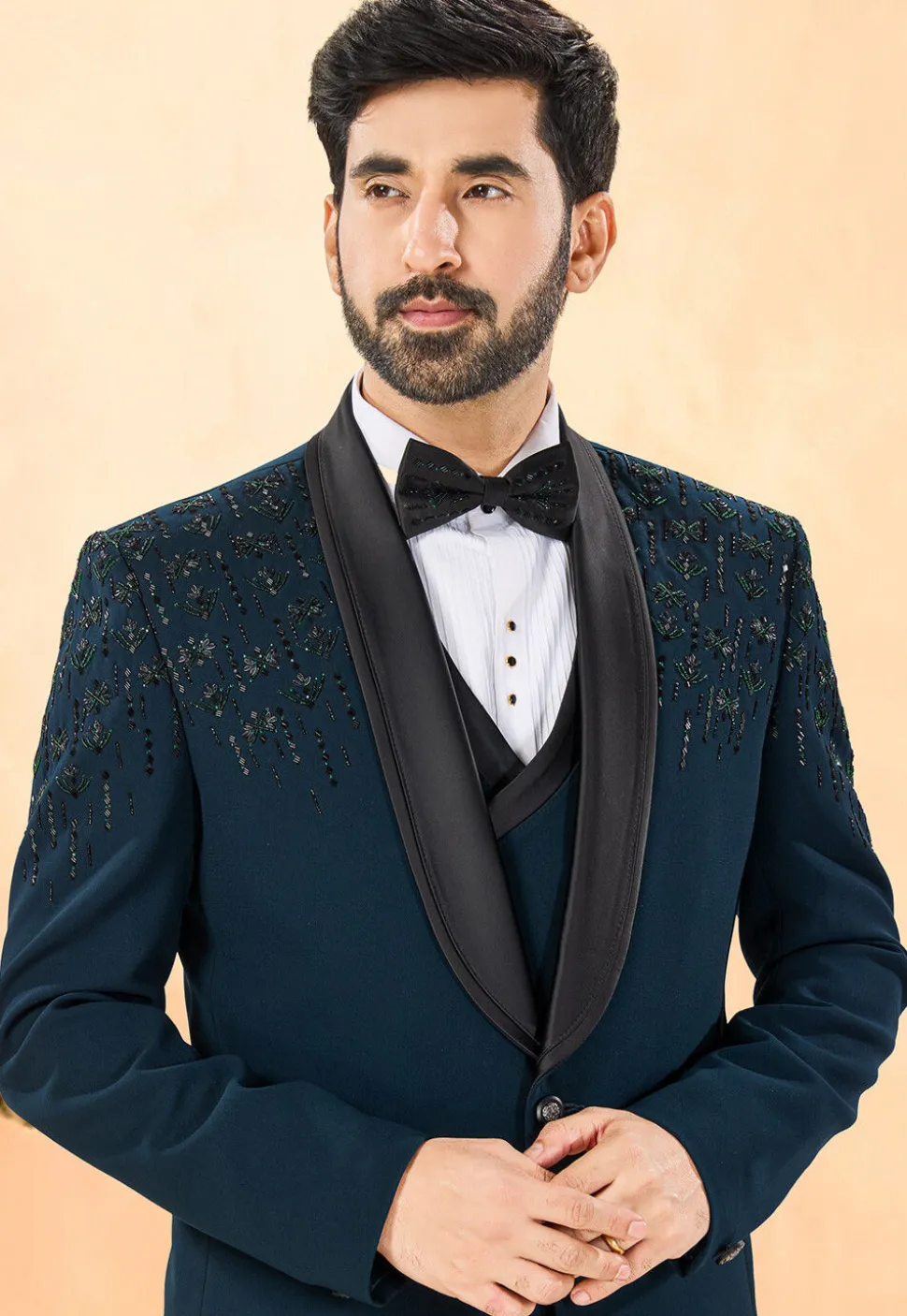 Embellished Terry Rayon Tuxedo in Teal Blue