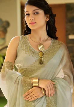 Embellished Tissue Saree in Dusty Green