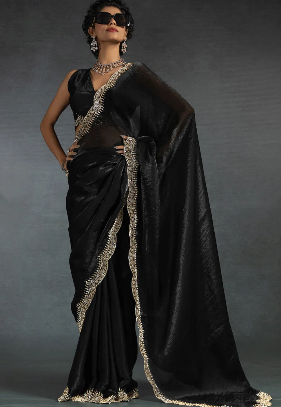 Embellished Tissue Scalloped Saree in Black