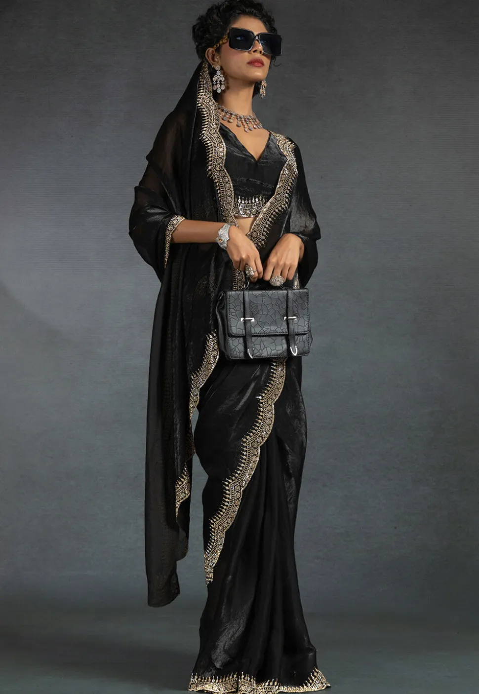 Embellished Tissue Scalloped Saree in Black