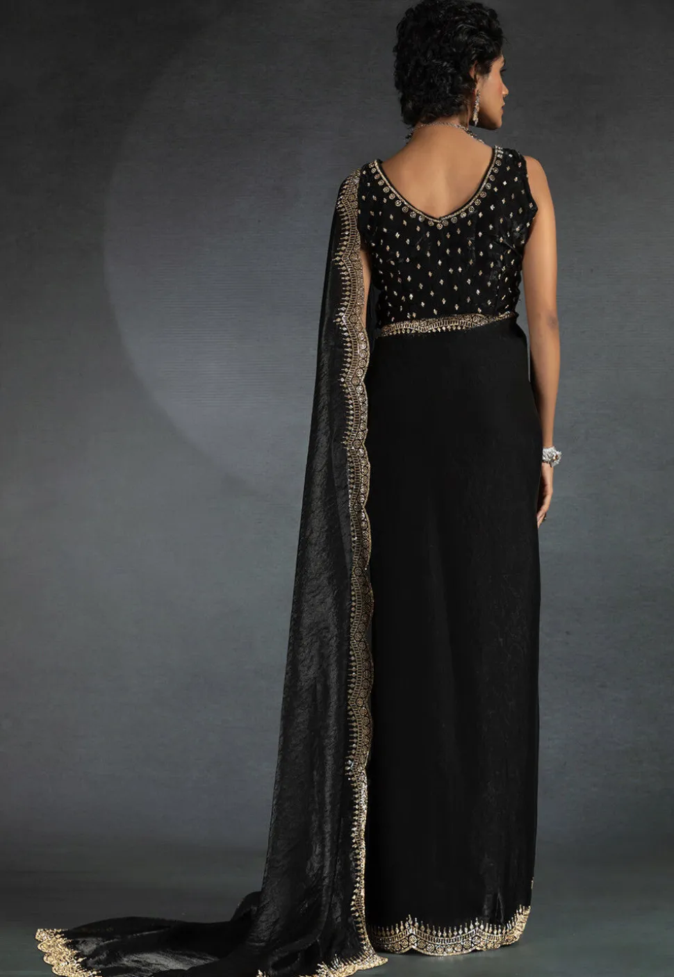 Embellished Tissue Scalloped Saree in Black