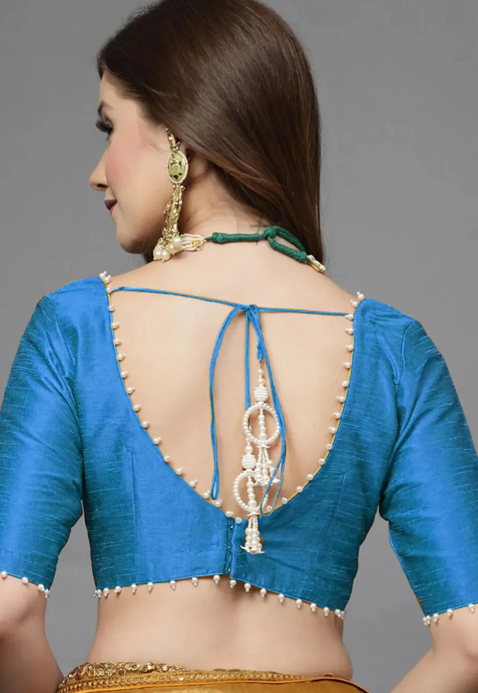 Embellished Trim Art Silk Blouse in Blue