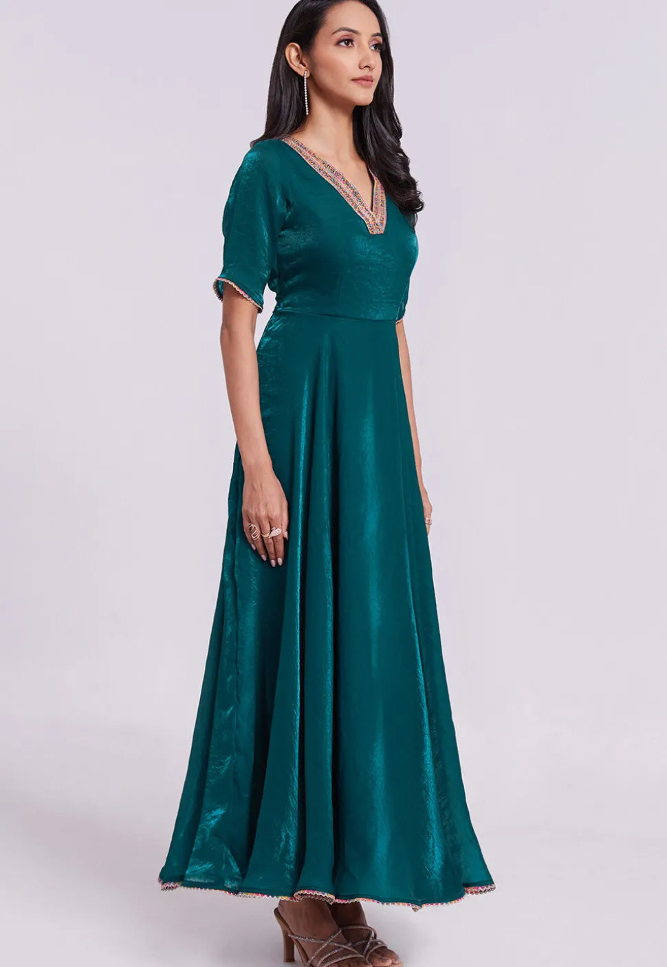 Embellished Trim Organza Gown in Teal Green