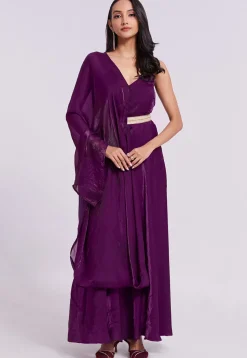 Embellished Trim Organza Gown with attached Dupatta in Wine