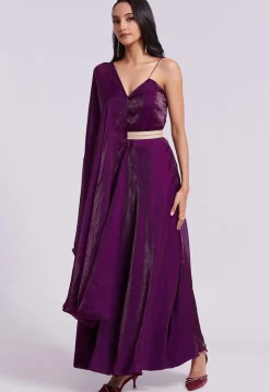 Embellished Trim Organza Gown with attached Dupatta in Wine