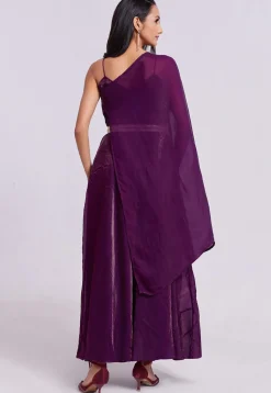 Embellished Trim Organza Gown with attached Dupatta in Wine